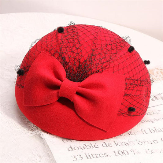 Hat Women's Vintage Woolen Fabric Bowknot