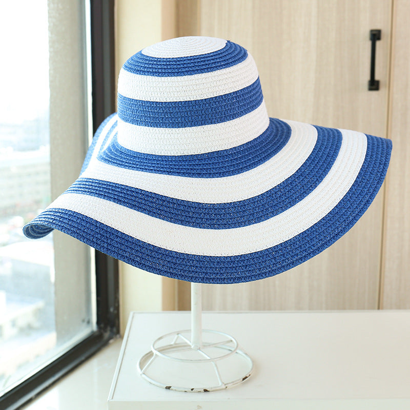 Striped Beach Hat Sun Visor Straw Hat Large Brimmed Hat Women