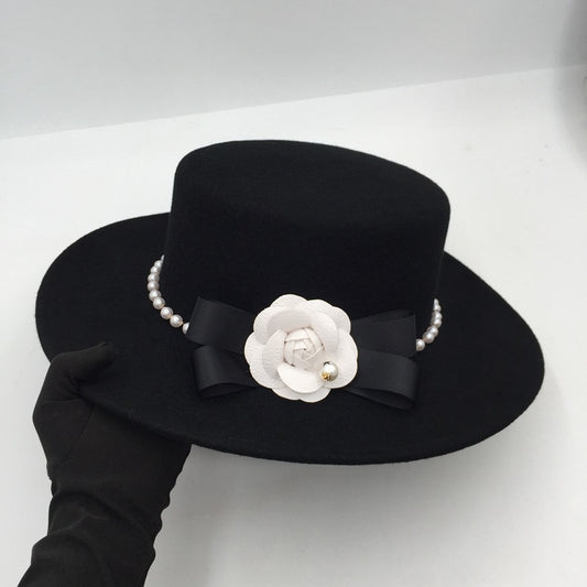 Fashion Black Pearl Flower Flat Top Hat